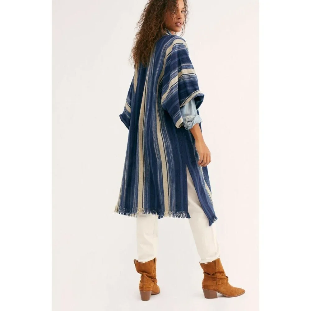 Free People Odyssey Indigo Blue Stripe Kimono One Size S M L - Picture 3 of 7